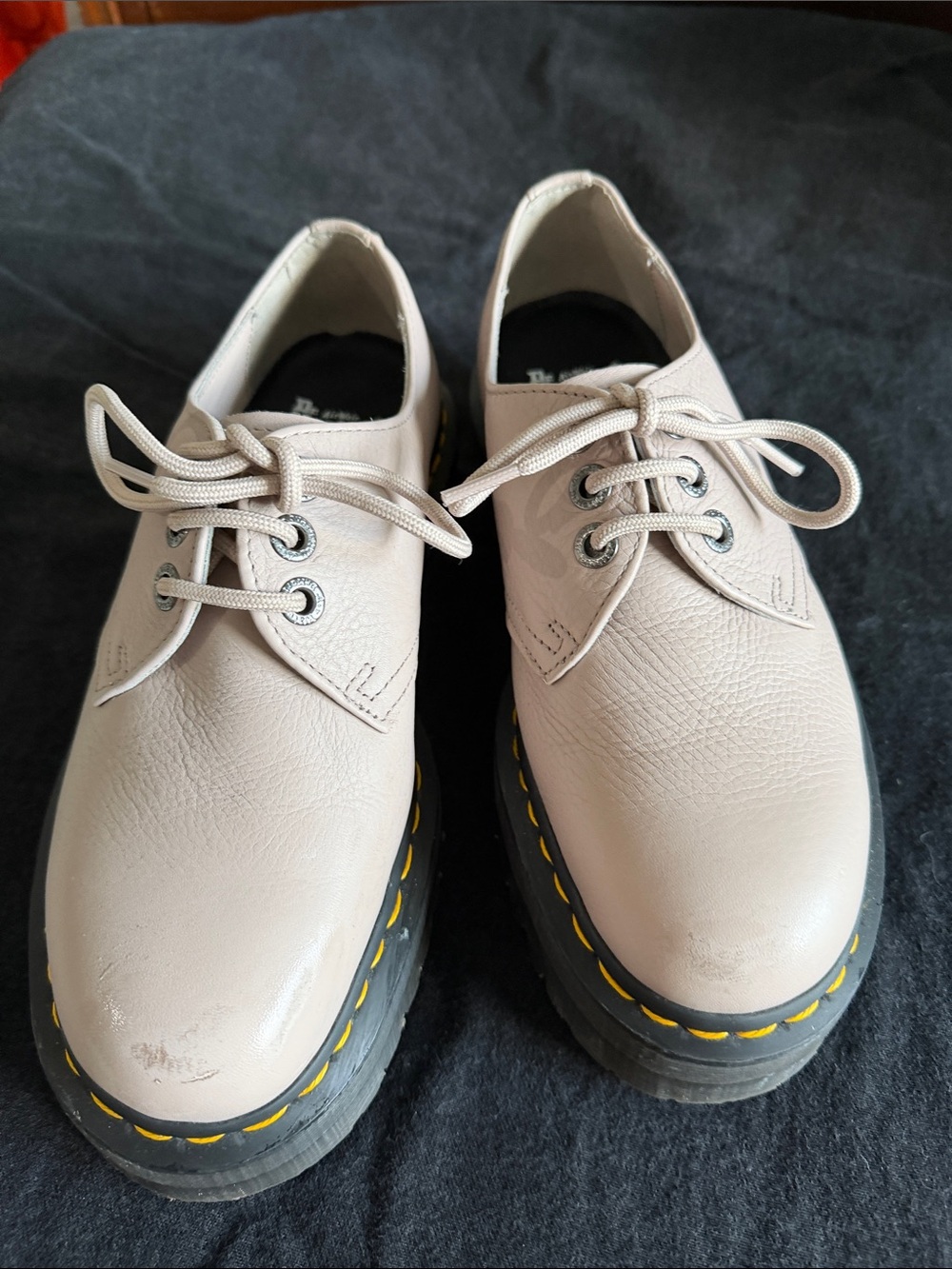 Dr. Martens Cream Lace-Up Platform Derby with Yellow Welt. LEATHER upper.